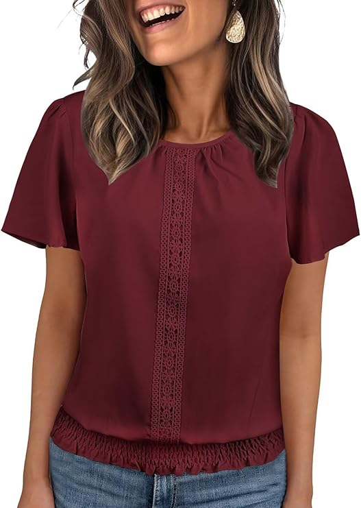 Womens Summer Tops Scoop Neck Ruffle Sleeve Shirts