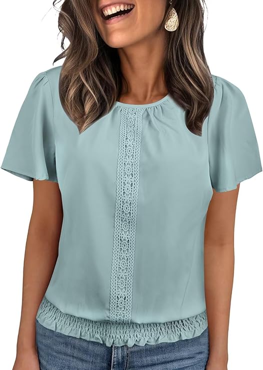 Womens Summer Tops Scoop Neck Ruffle Sleeve Shirts