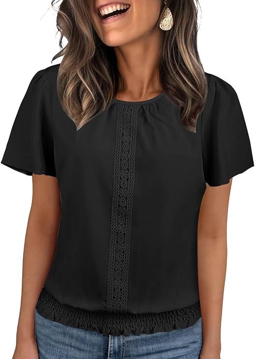 Womens Summer Tops Scoop Neck Ruffle Sleeve Shirts