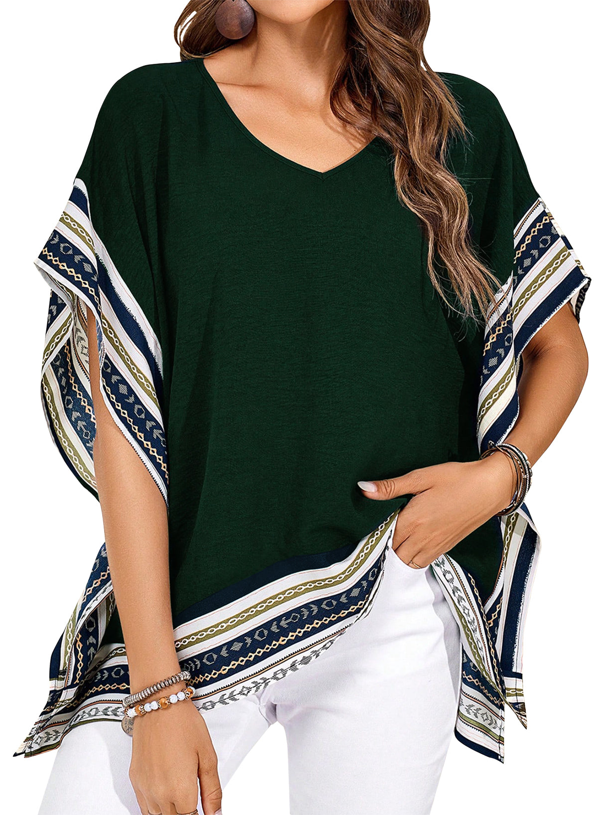 Women's Casual V Neck Floral Tops Batwing Sleeve Blouse Loose Fitting Shirts
