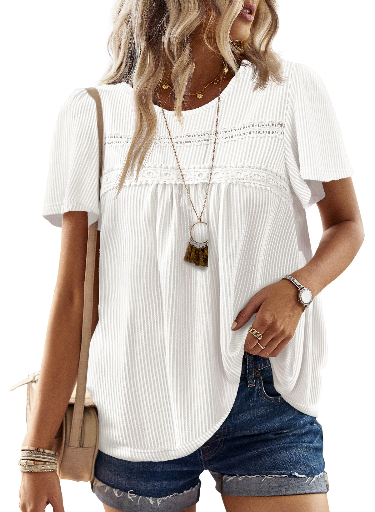 Womens Summer Tops Crewneck Short Sleeve Striped Shirts Casual Ribbed Blouses