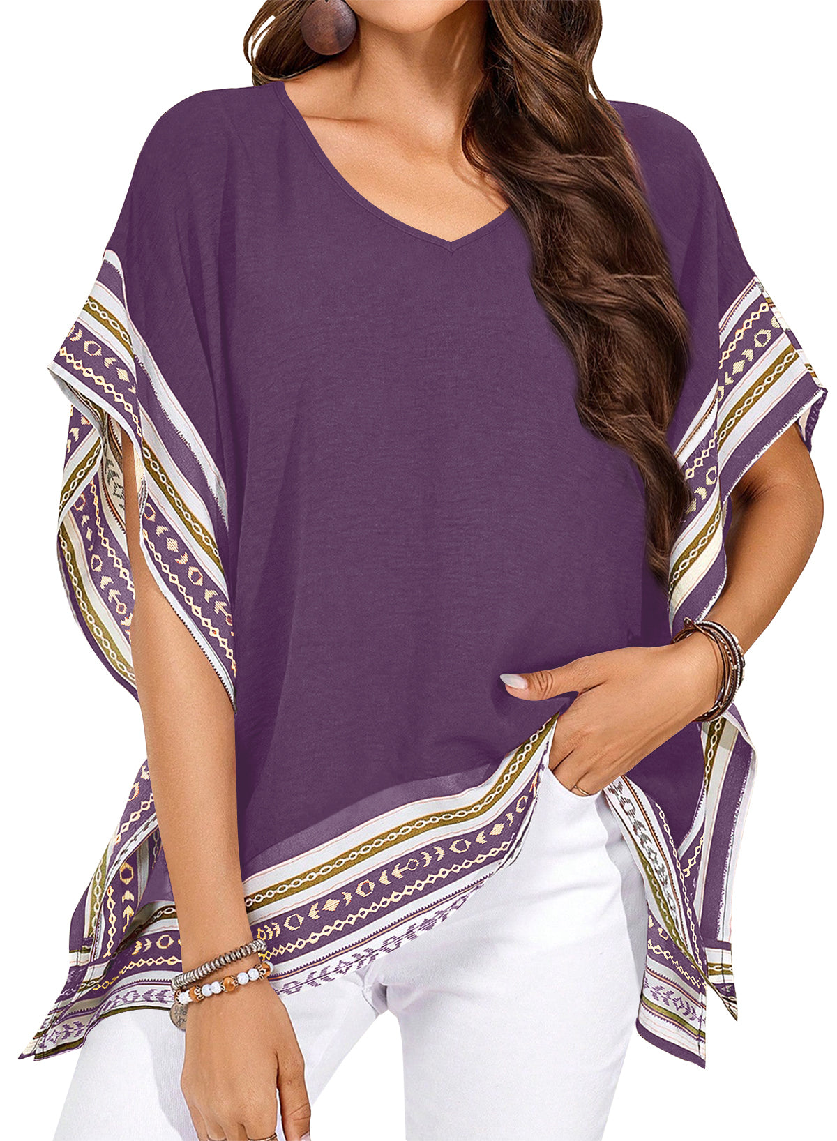 Women's Casual V Neck Floral Tops Batwing Sleeve Blouse Loose Fitting Shirts