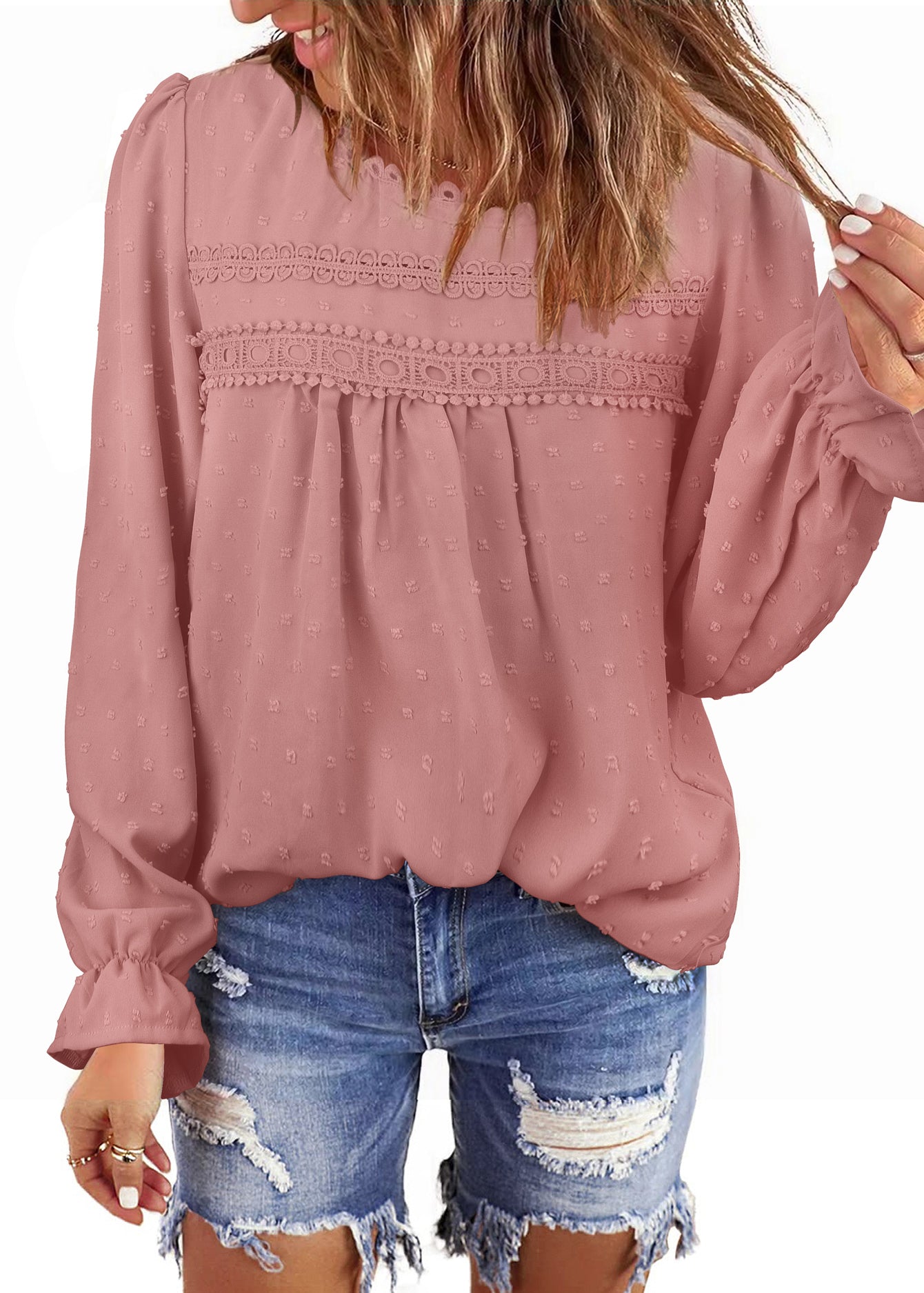 Womens Boho Tops Long Sleeve Shirts For Women Swiss Dot Cute Crewneck Blouse