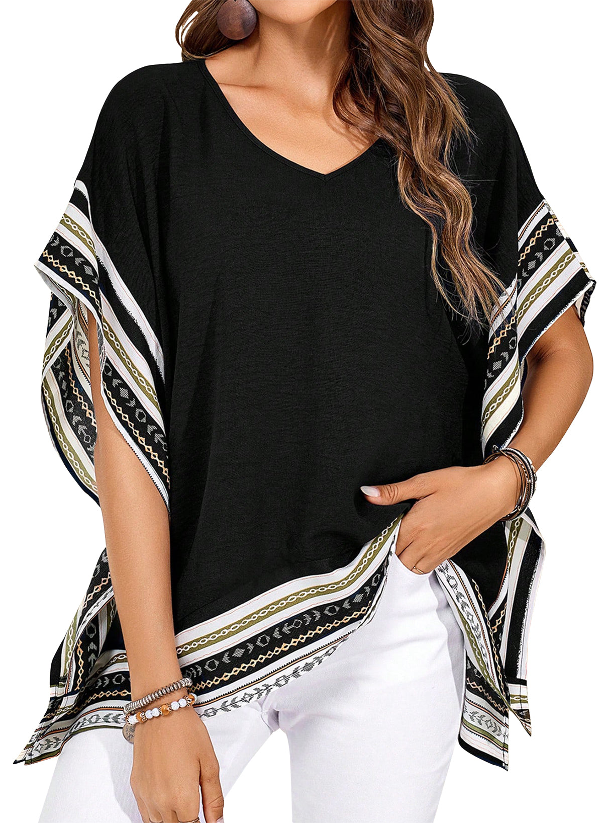 Women's Casual V Neck Floral Tops Batwing Sleeve Blouse Loose Fitting Shirts