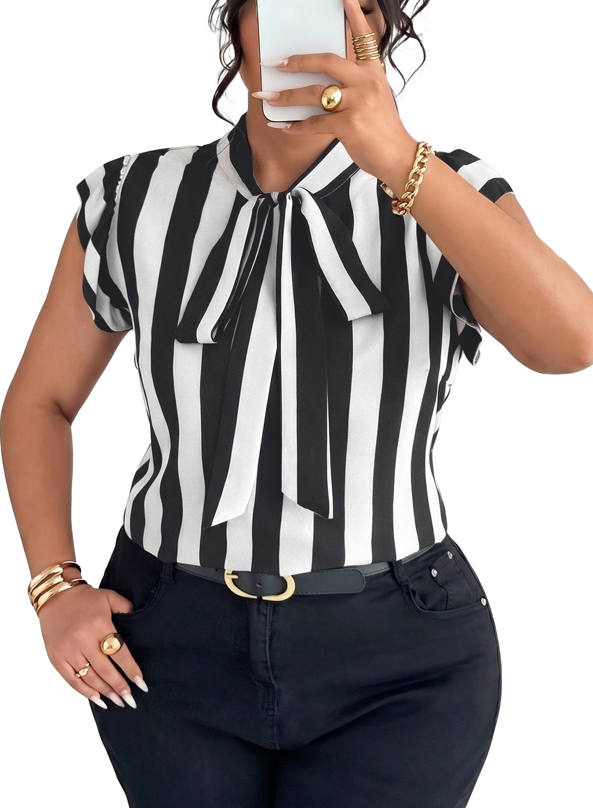 Women's Vertical Striped Tie Neck Blouses Ruffle Cap Sleeve Summer Work Tops
