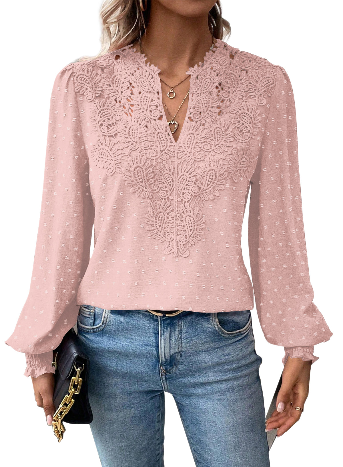 Womens Tops Swiss Dot Boho Long Sleeve Shirts V Neck Casual Chiffon Blouses