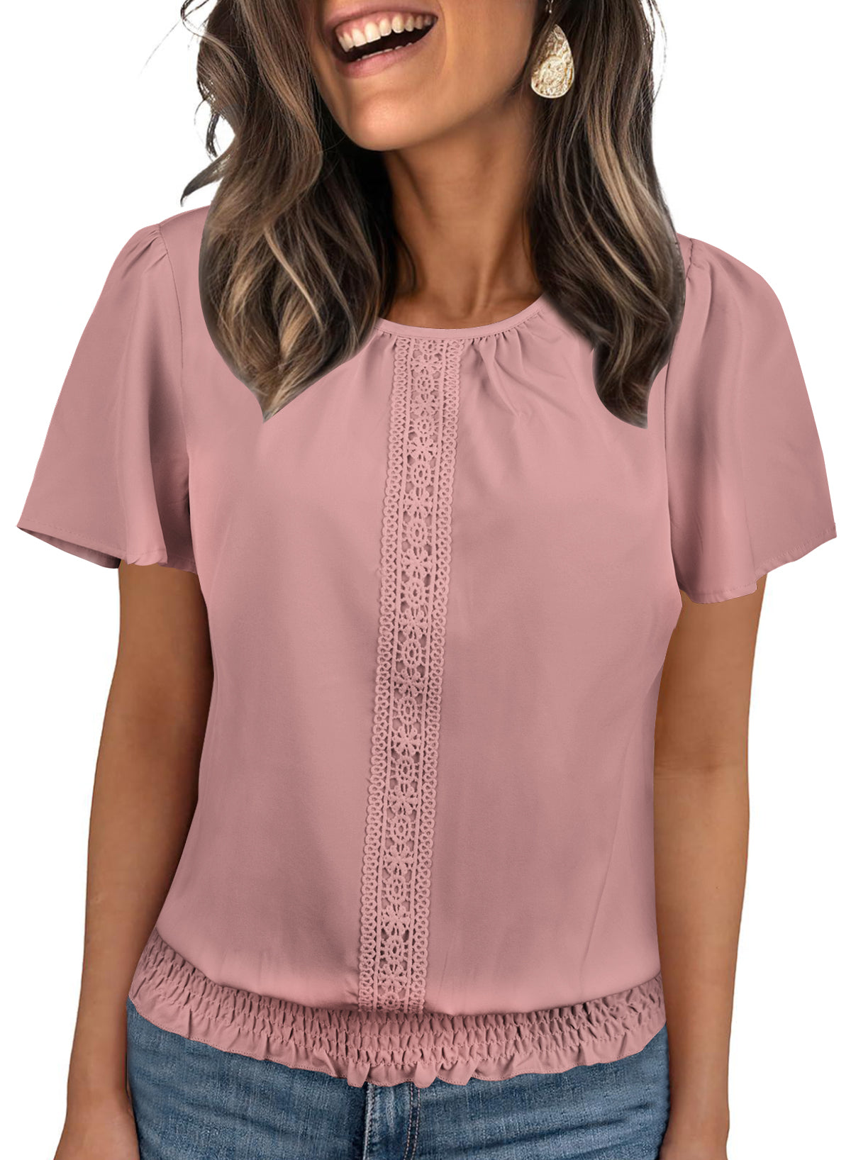 Womens Summer Tops Scoop Neck Ruffle Sleeve Shirts