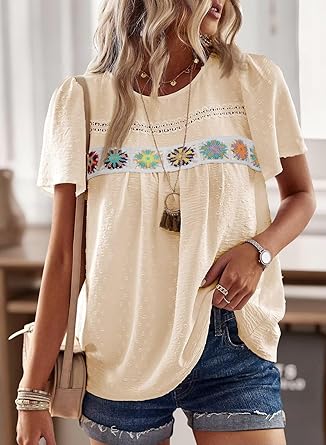 Womens Summer Tops Short Sleeve Shirts Floral Crochet Chiffon Blouses Swiss Dot Clothing
