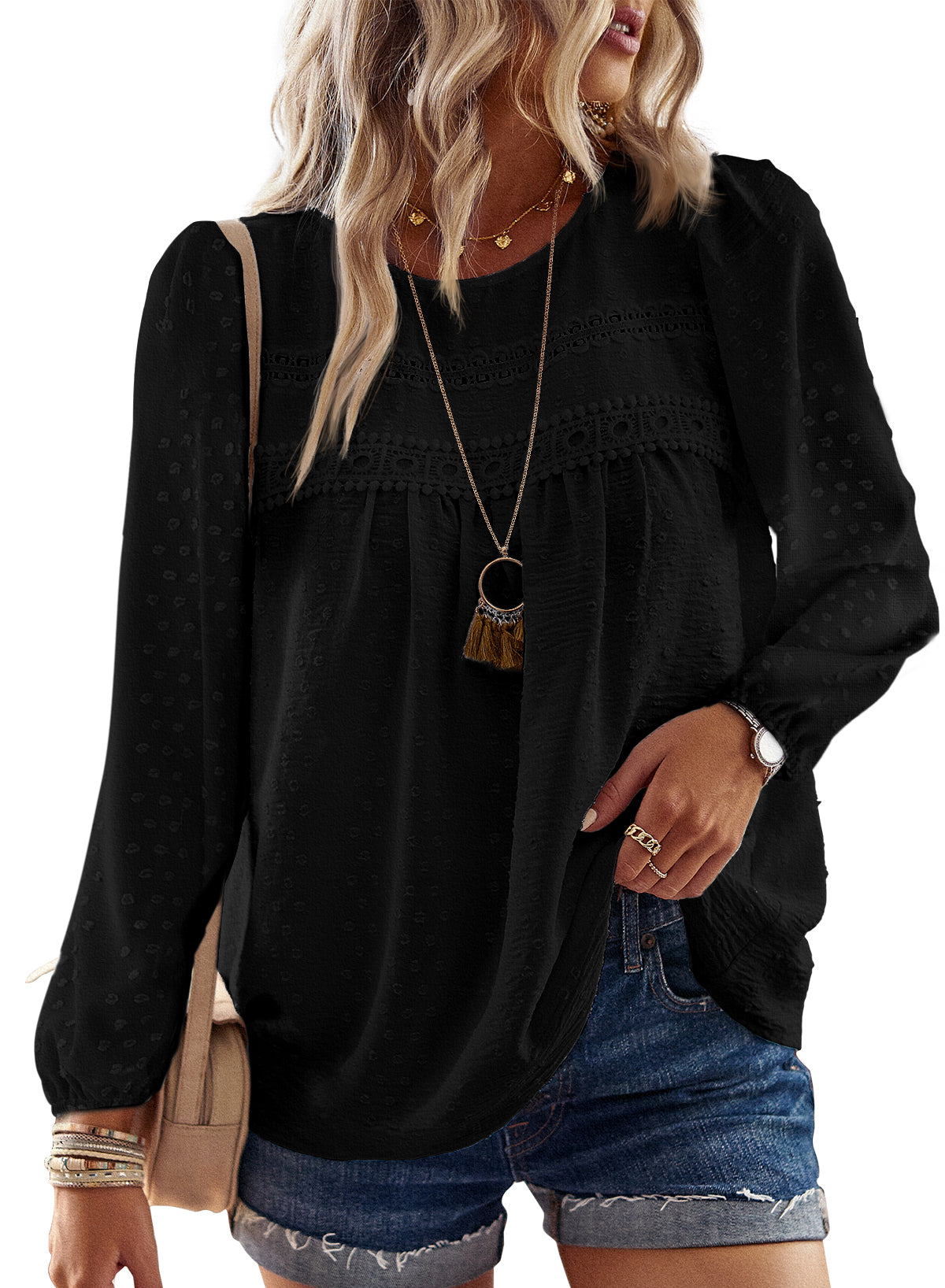 Boho Tops for Women Long Sleeve Shirts Crewneck Flowy Blouses Lace Hem Clothing
