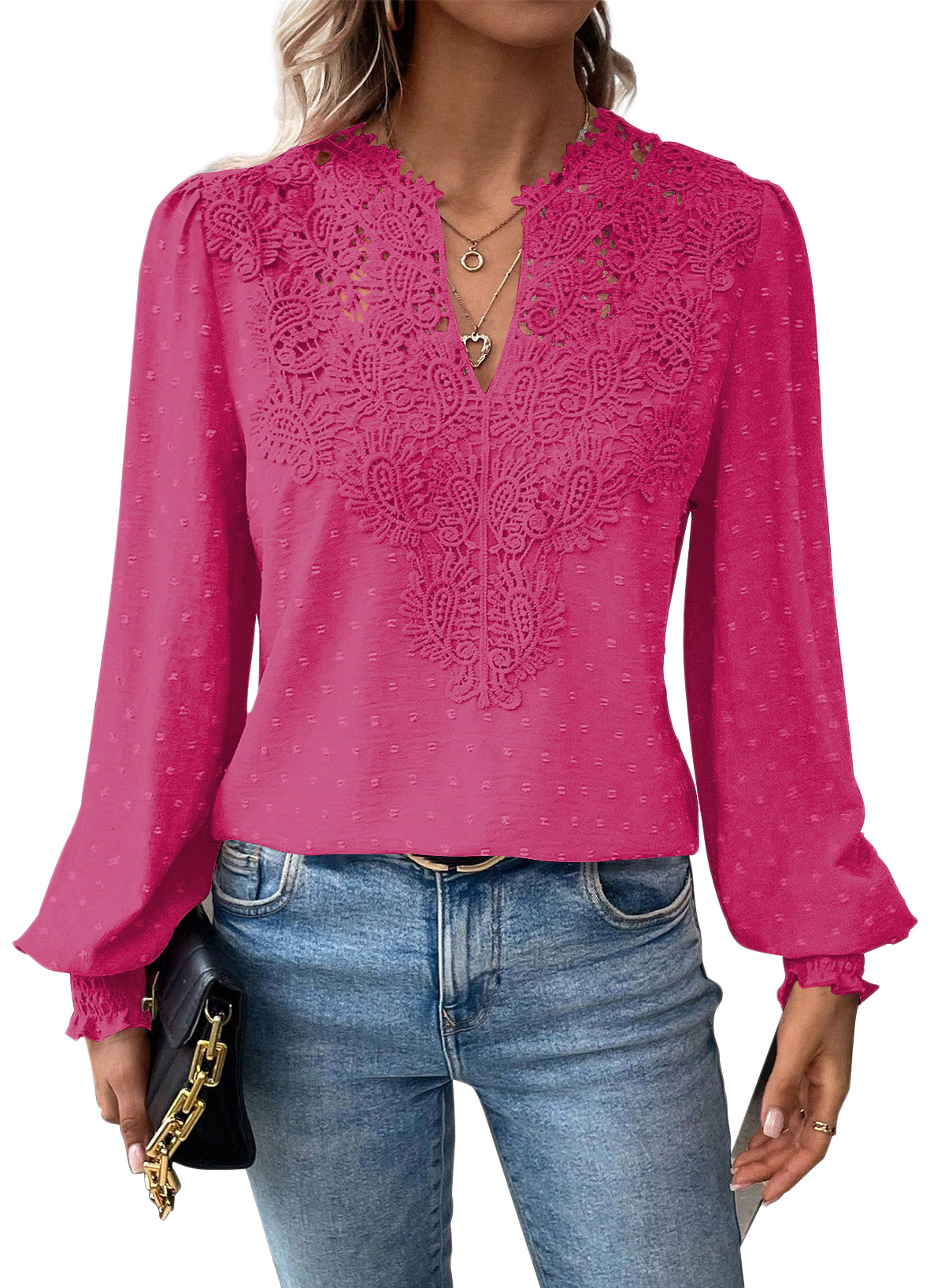 Womens Tops Swiss Dot Boho Long Sleeve Shirts V Neck Casual Chiffon Blouses
