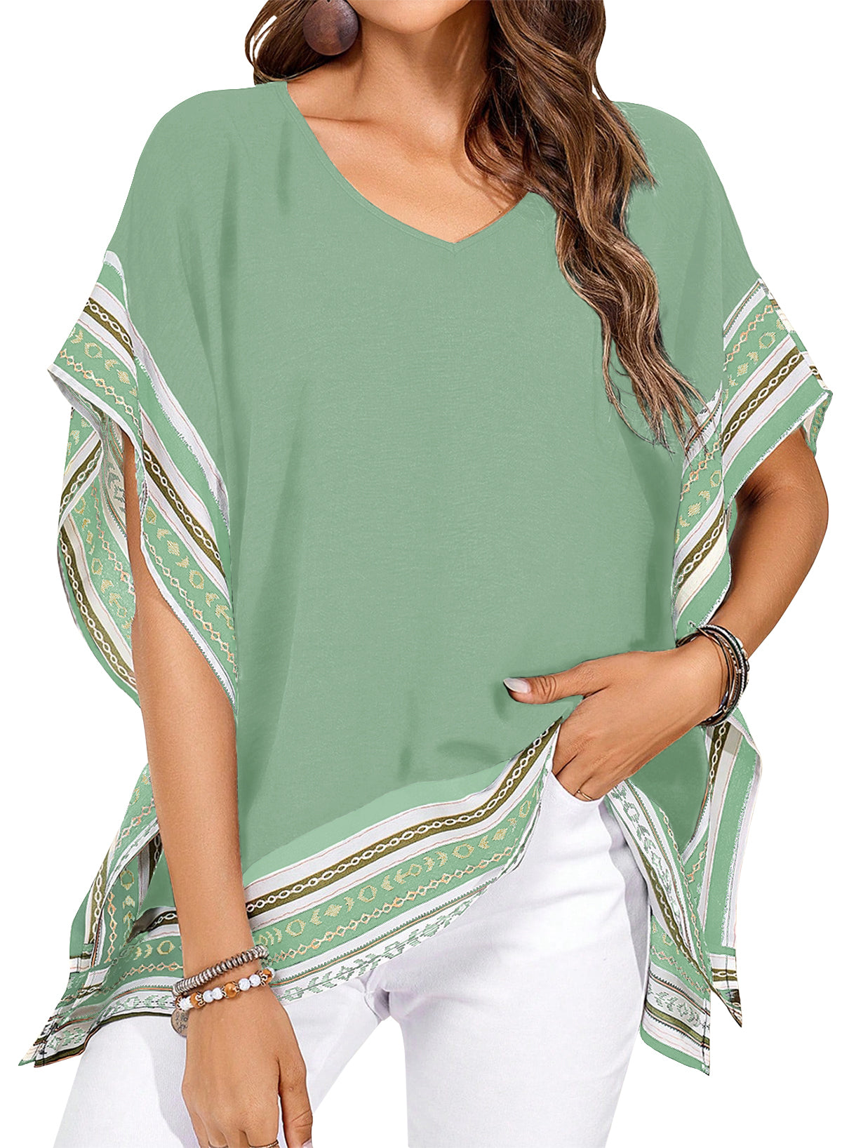 Women's Casual V Neck Floral Tops Batwing Sleeve Blouse Loose Fitting Shirts