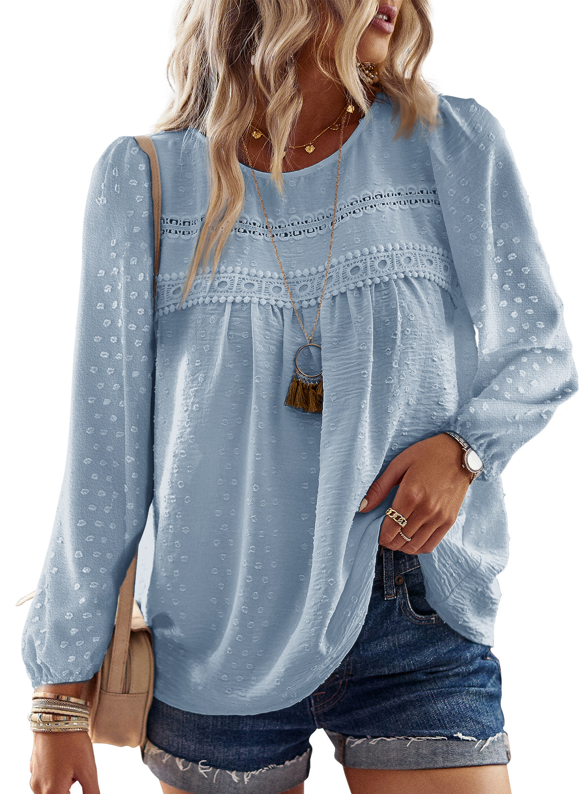Boho Tops for Women Long Sleeve Shirts Crewneck Flowy Blouses Lace Hem Clothing