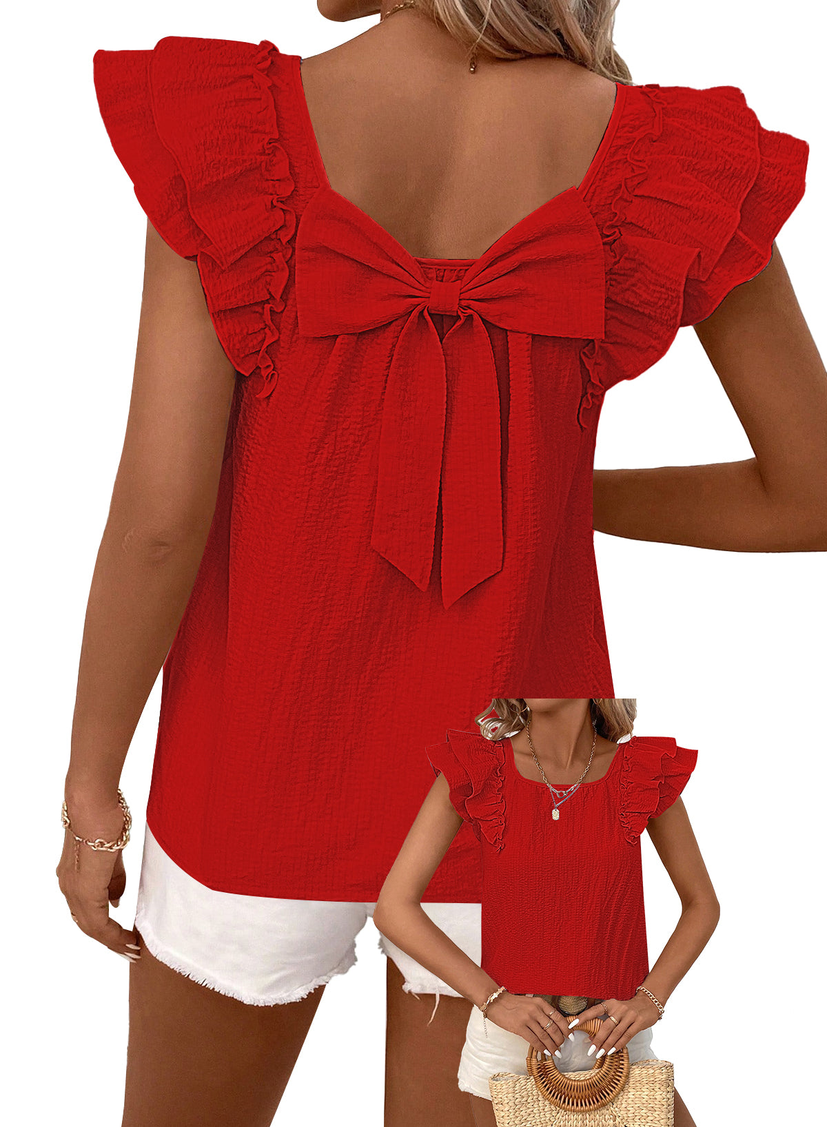 Womens Bow Tie Back Tops Ruffle Short Sleeve Shirts Cute Babydoll Chiffon Tee