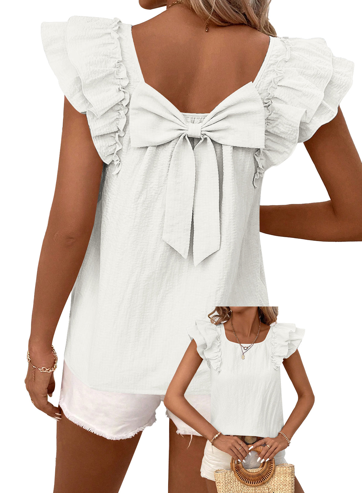 Womens Bow Tie Back Tops Ruffle Short Sleeve Shirts Cute Babydoll Chiffon Tee