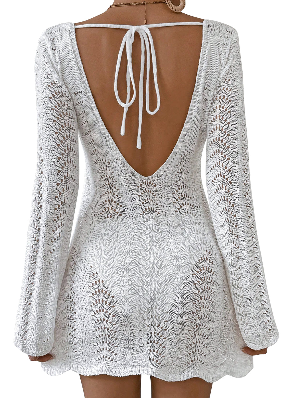 Womens Swimsuit Cover Up Long Sleeve Crochet Bathing Suit Mesh Backless Cover Ups