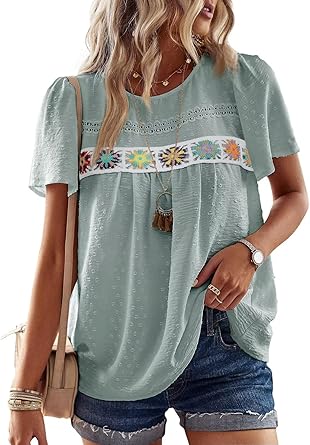 Womens Summer Tops Short Sleeve Shirts Floral Crochet Chiffon Blouses Swiss Dot Clothing