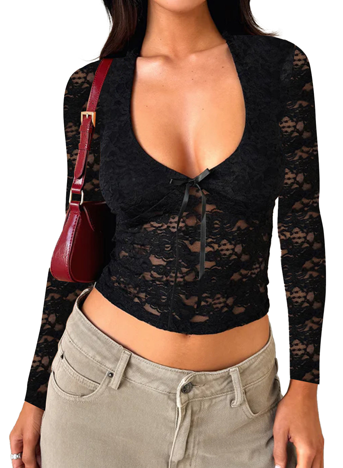 Women's Lace Long Sleeve Shirt Low Cut Y2K Slim Fit