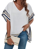 Women's Casual V Neck Floral Tops Batwing Sleeve Blouse Loose Fitting Shirts
