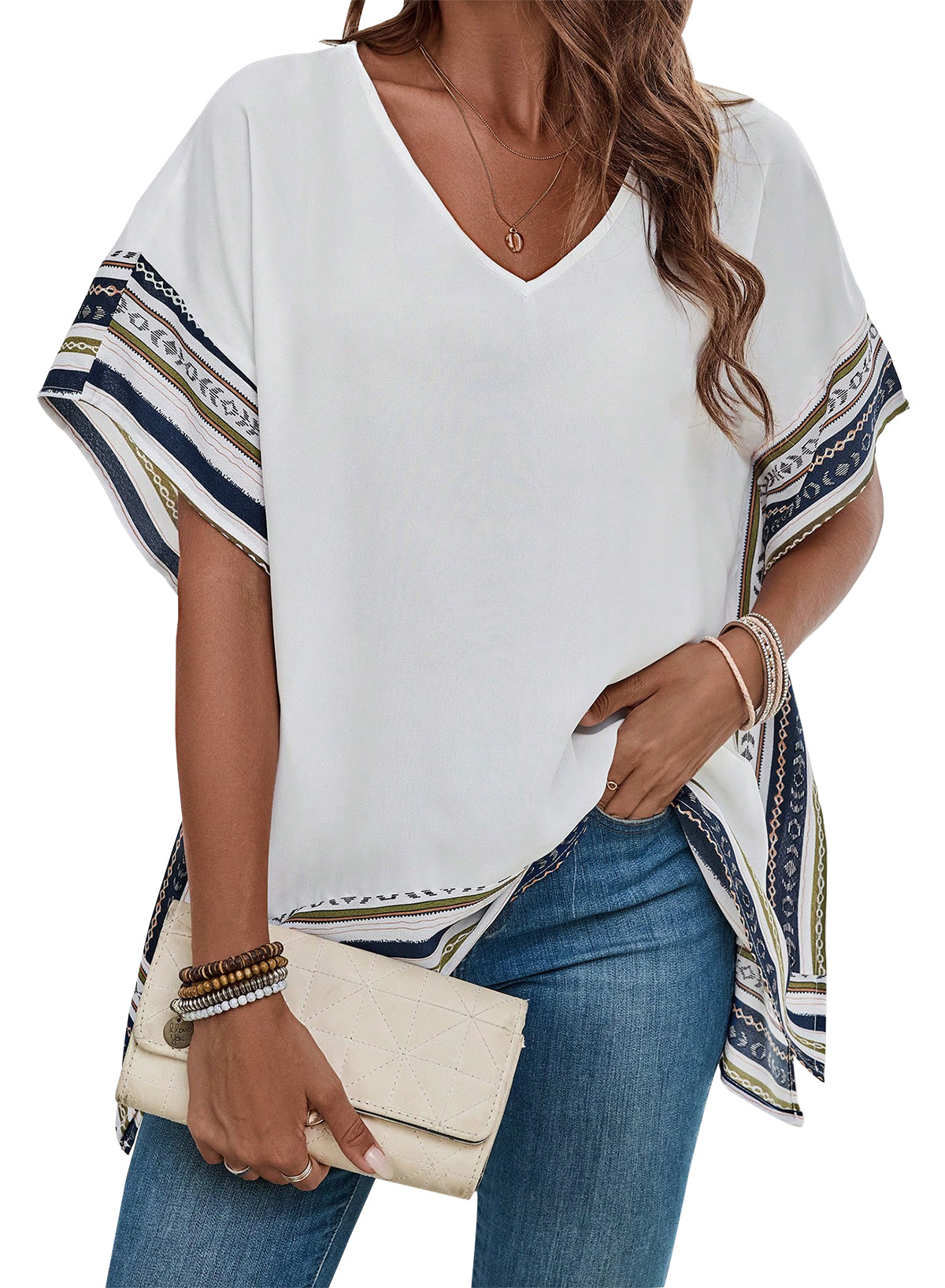 Women's Casual V Neck Floral Tops Batwing Sleeve Blouse Loose Fitting Shirts