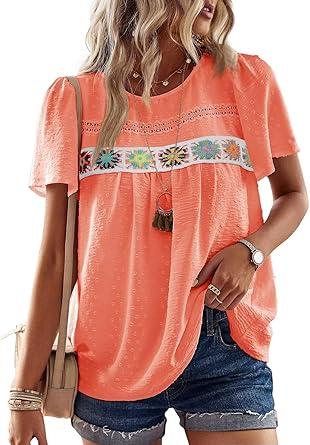 Womens Summer Tops Short Sleeve Shirts Floral Crochet Chiffon Blouses Swiss Dot Clothing