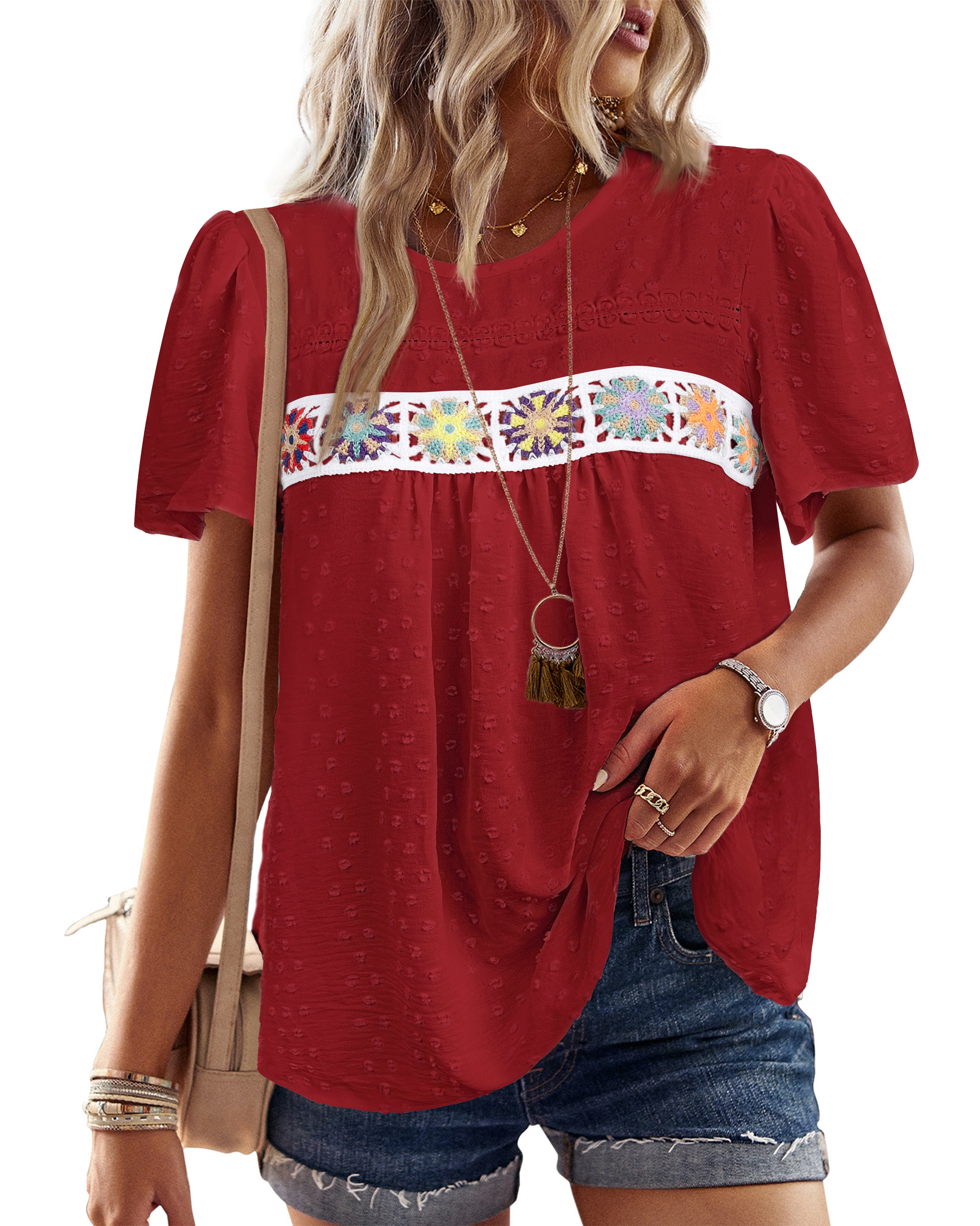 Womens Summer Tops Short Sleeve Shirts Floral Crochet Chiffon Blouses Swiss Dot Clothing