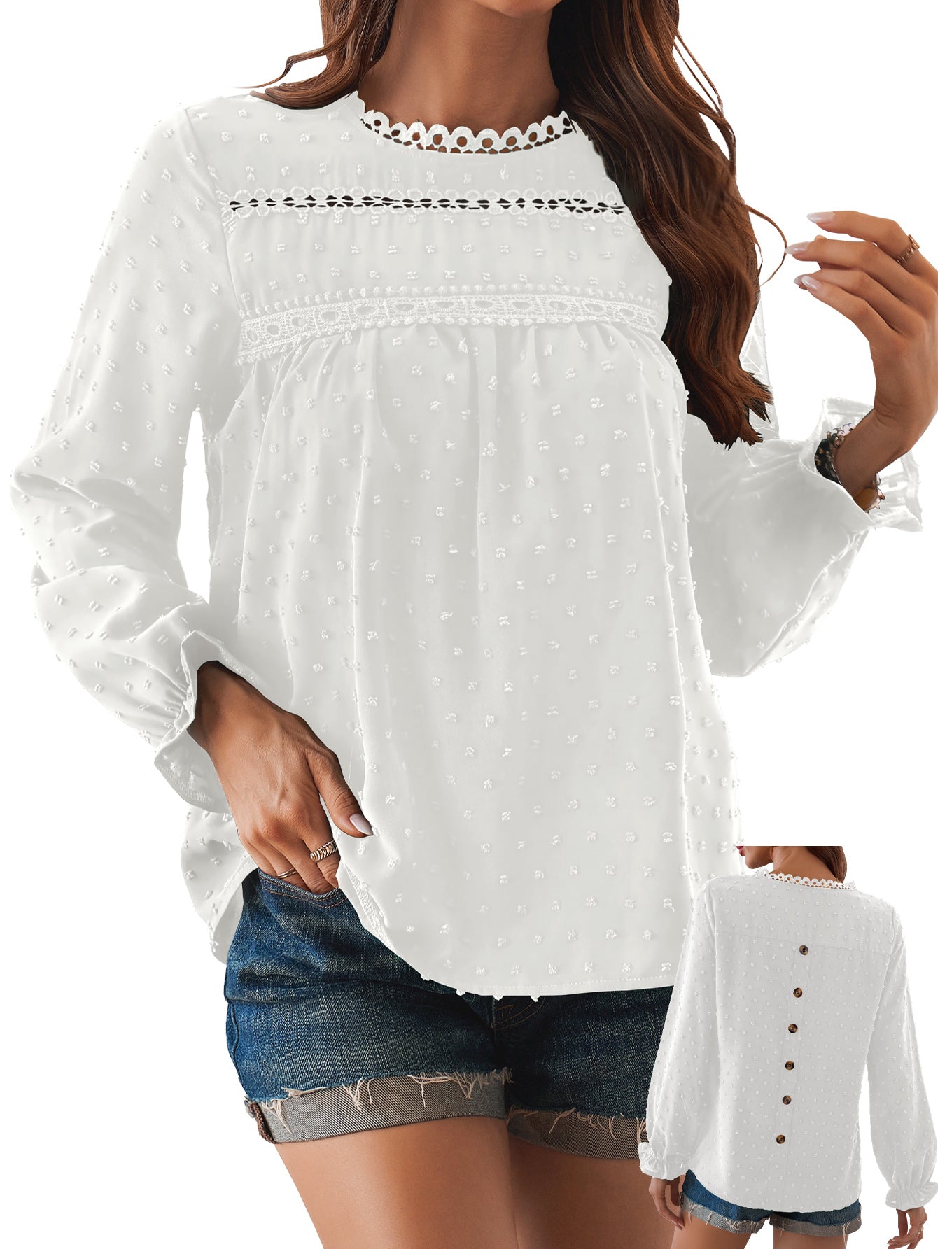 Womens Boho Tops Long Sleeve Shirts For Women Swiss Dot Cute Crewneck Blouse