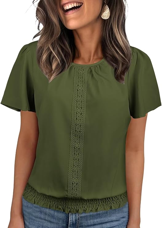 Womens Summer Tops Scoop Neck Ruffle Sleeve Shirts