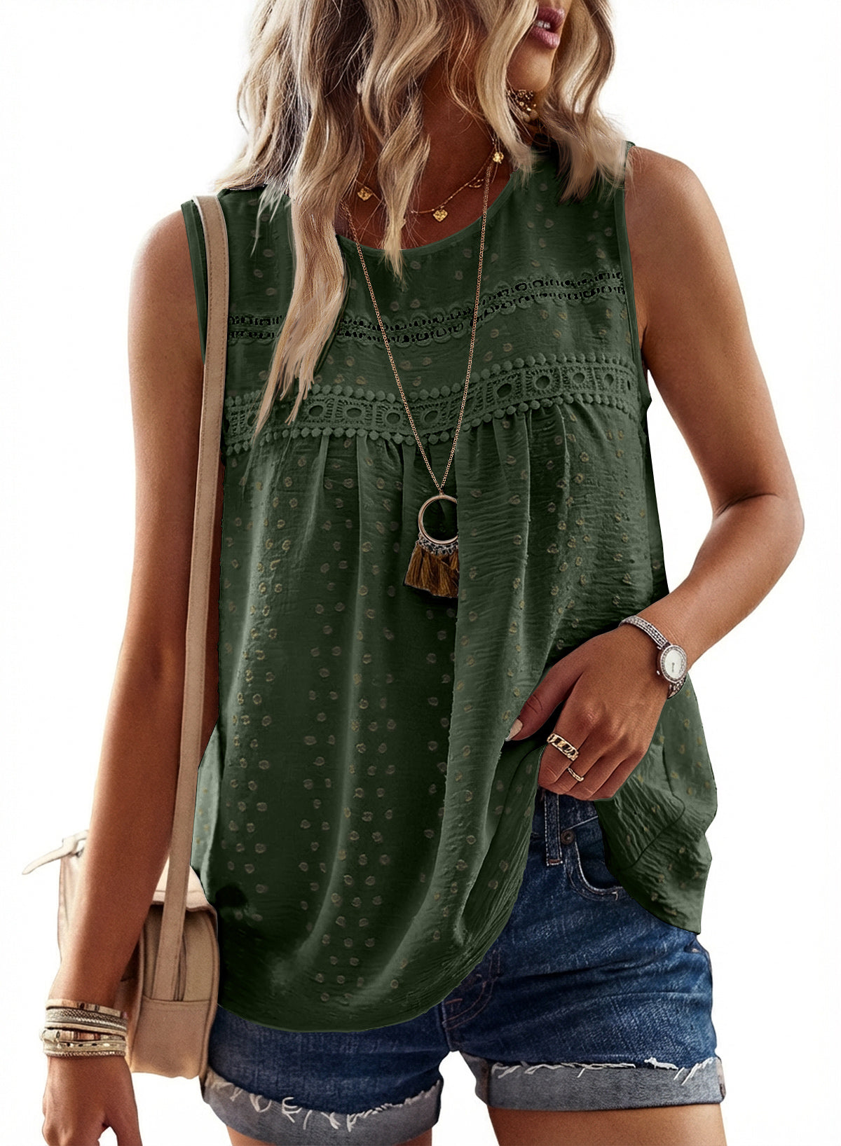 Womens Summer Tops Boho Shirts Crewneck Sleeveless Tank Tops Flowy Lace Hem Casual Blouses