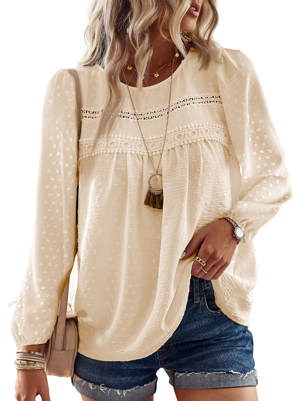 Boho Tops for Women Long Sleeve Shirts Crewneck Flowy Blouses Lace Hem Clothing