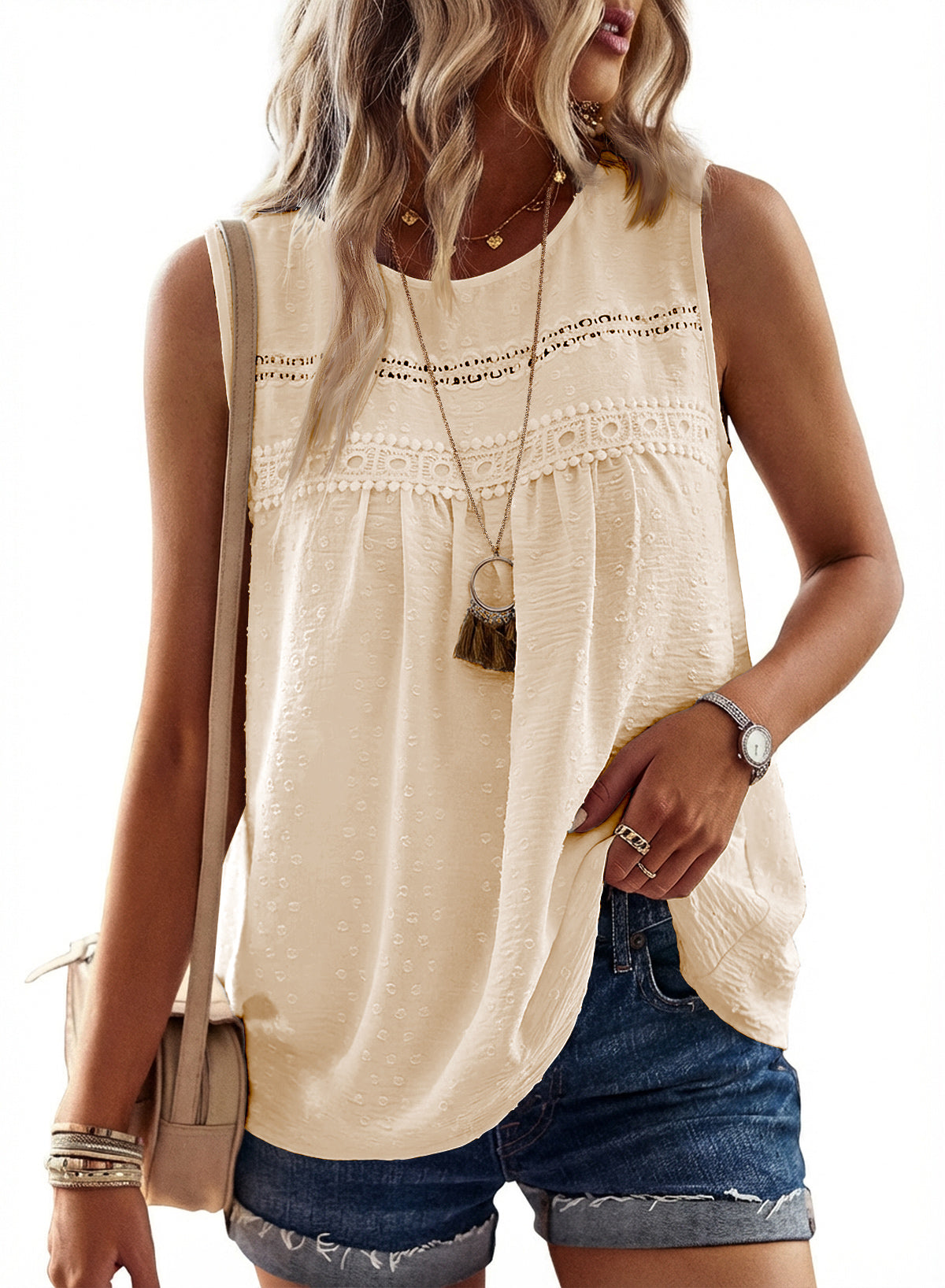 Womens Summer Tops Boho Shirts Crewneck Sleeveless Tank Tops Flowy Lace Hem Casual Blouses