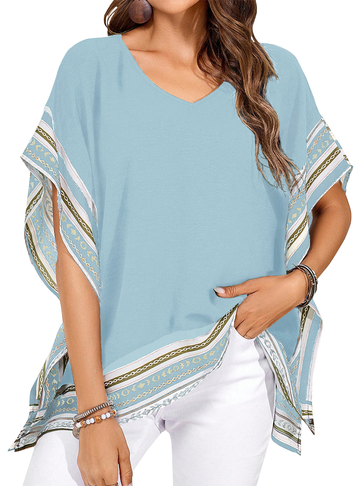 Women's Casual V Neck Floral Tops Batwing Sleeve Blouse Loose Fitting Shirts