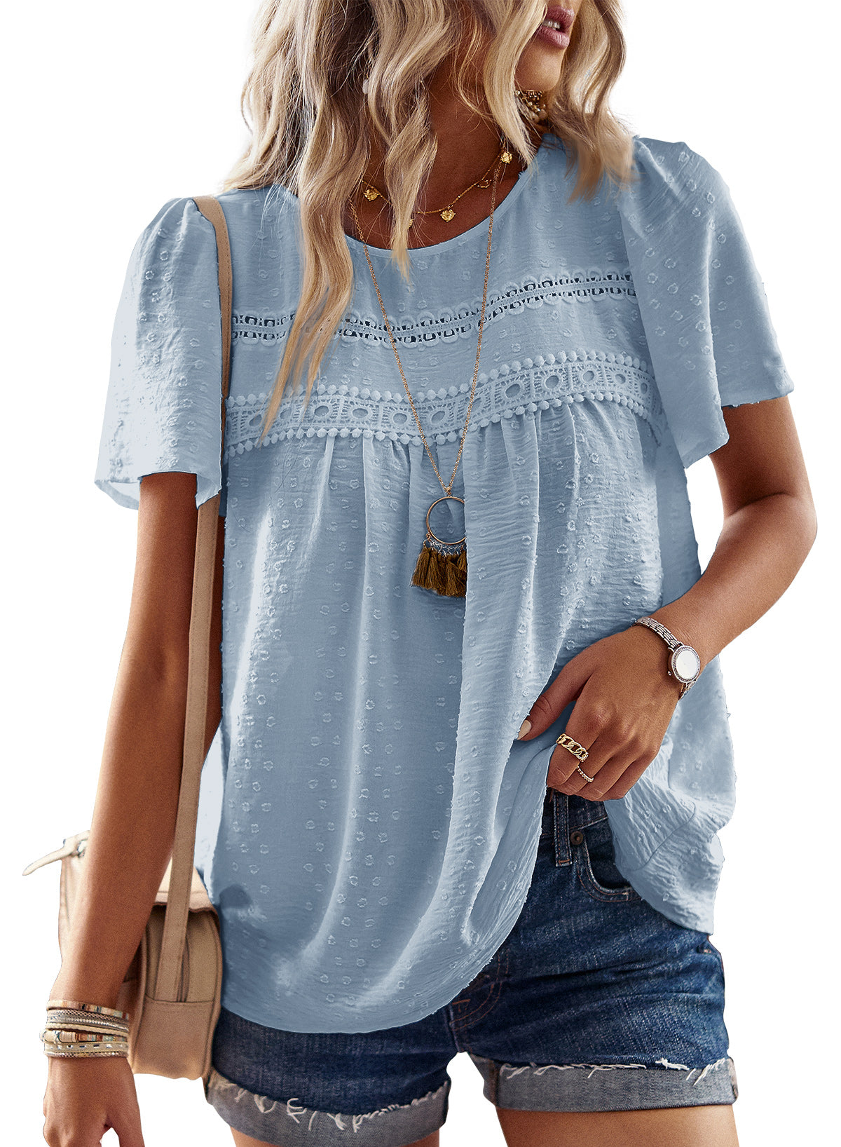Womens Summer Tops Crewneck Short Sleeve Shirts Flowy Lace Hem Casual Chiffon Blouses