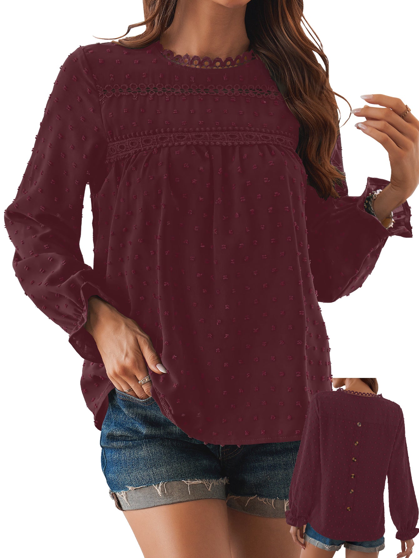 Womens Boho Tops Long Sleeve Shirts For Women Swiss Dot Cute Crewneck Blouse