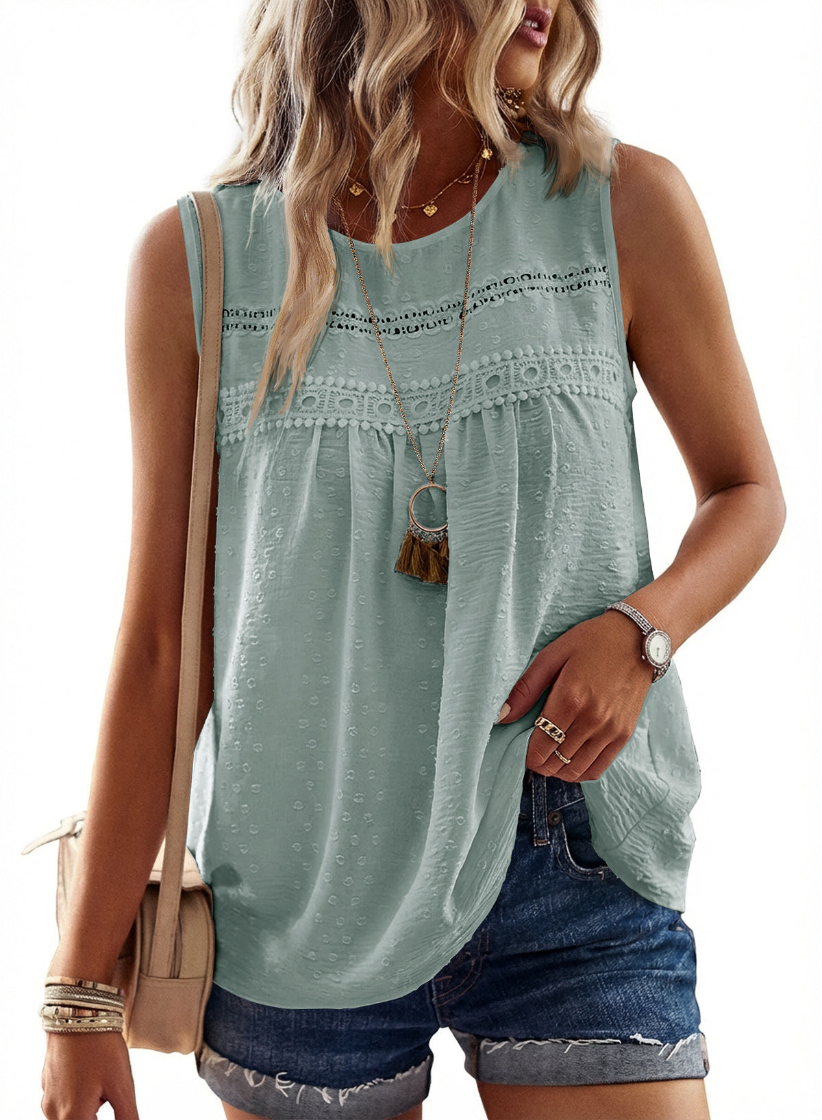 Womens Summer Tops Boho Shirts Crewneck Sleeveless Tank Tops Flowy Lace Hem Casual Blouses