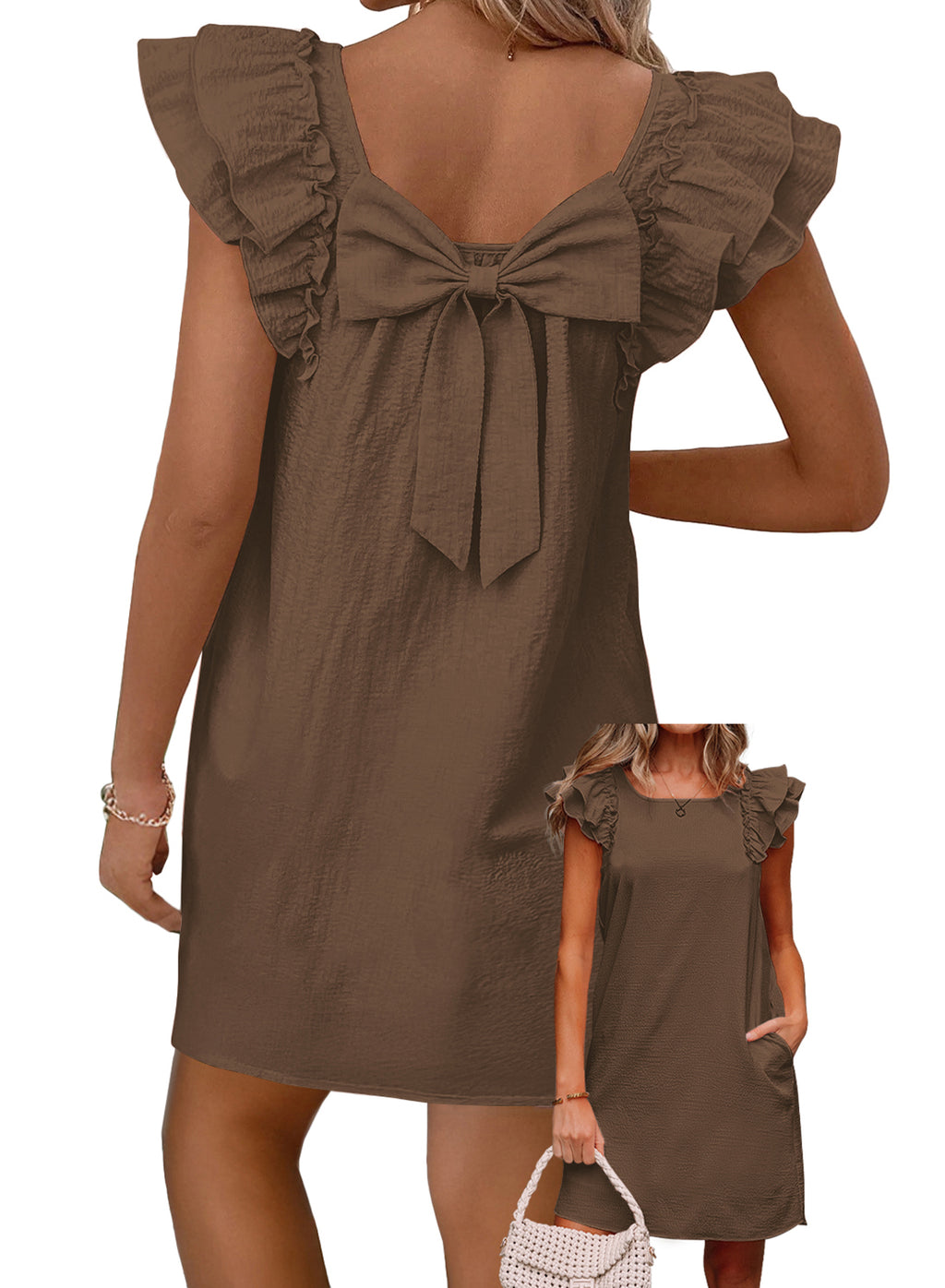 Womens Summer Dresses Bow Tie Back Sundresses for Women Ruffle Short Sleeve Dress