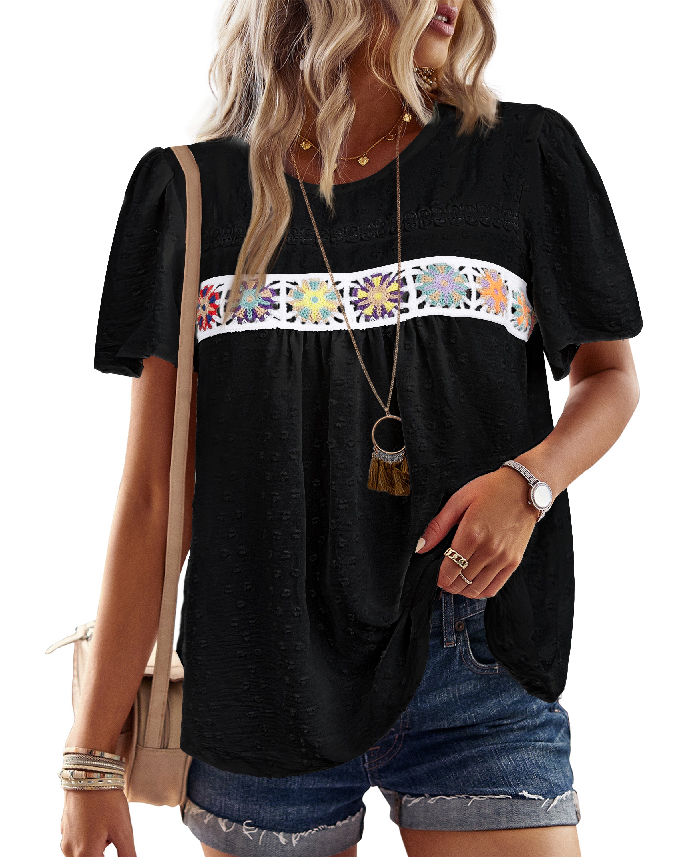 Womens Summer Tops Short Sleeve Shirts Floral Crochet Chiffon Blouses Swiss Dot Clothing