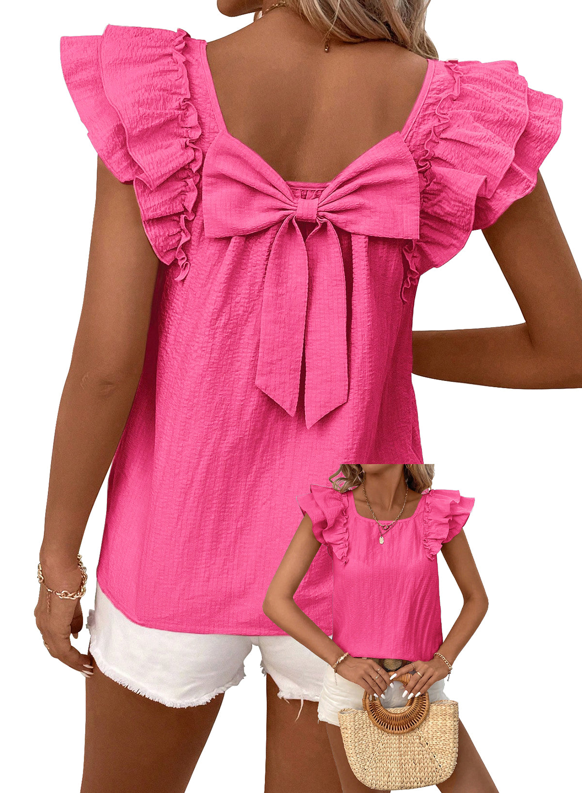 Womens Bow Tie Back Tops Ruffle Short Sleeve Shirts Cute Babydoll Chiffon Tee