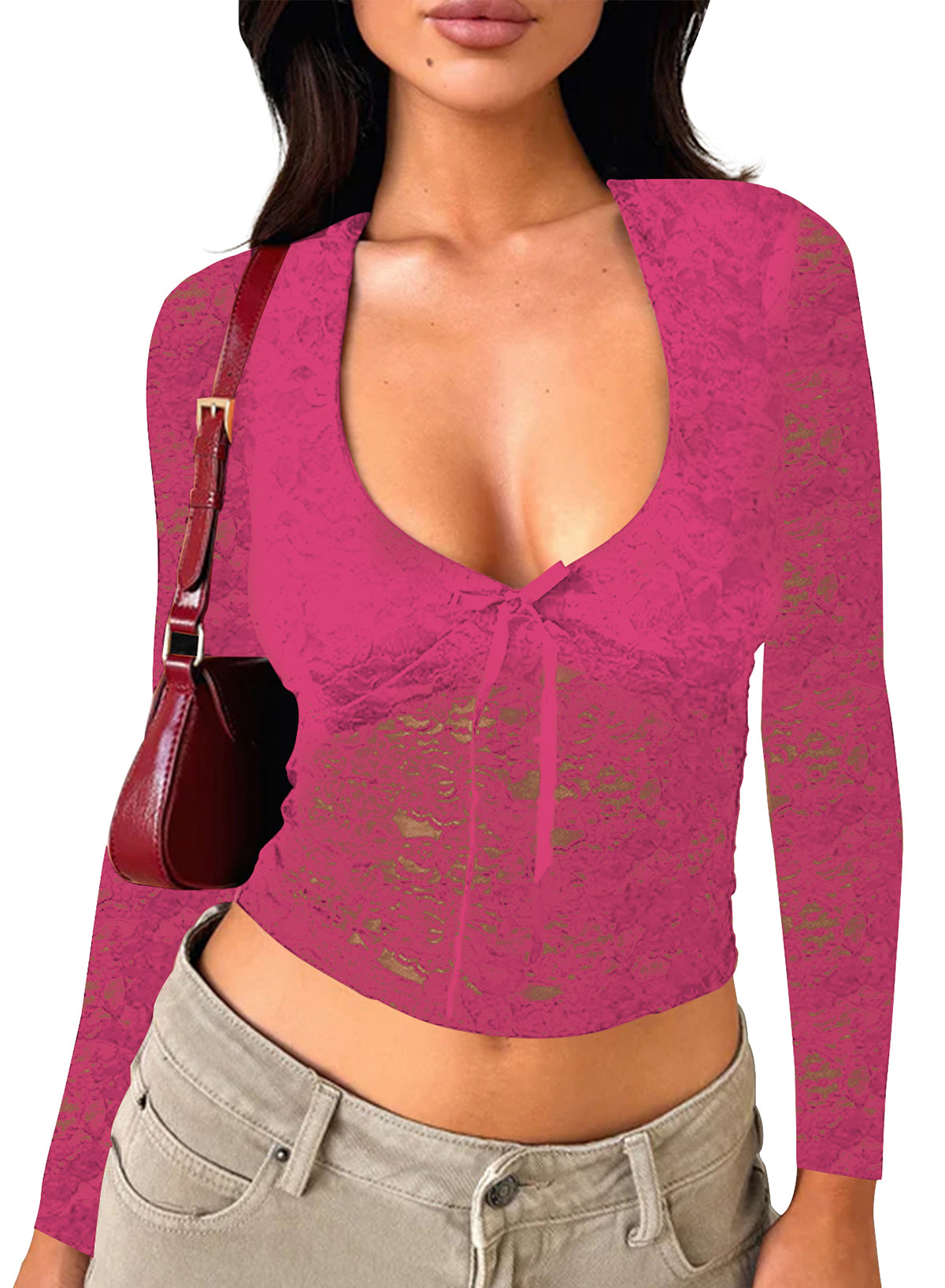 Women's Lace Long Sleeve Shirt Low Cut Y2K Slim Fit