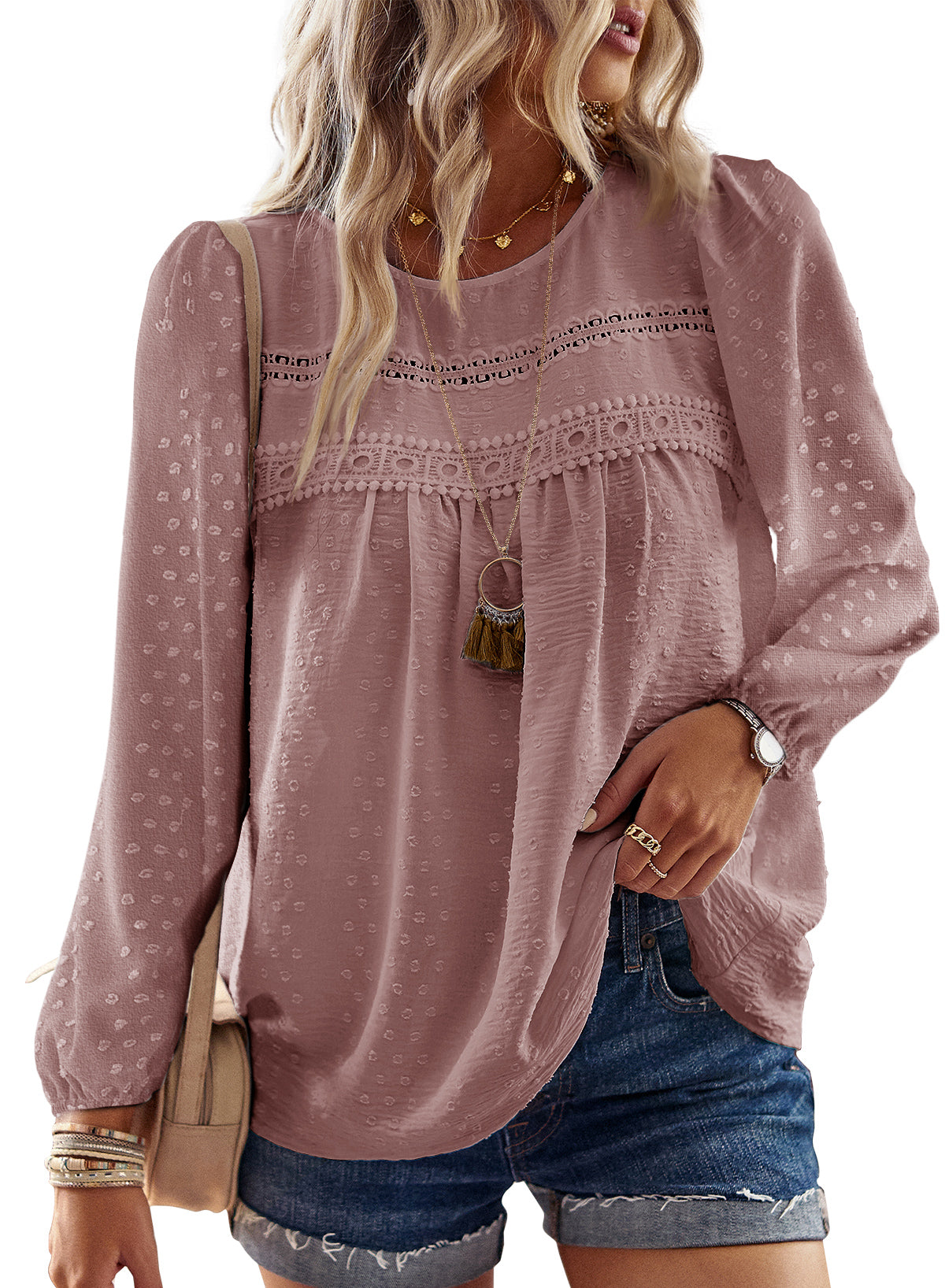 Boho Tops for Women Long Sleeve Shirts Crewneck Flowy Blouses Lace Hem Clothing