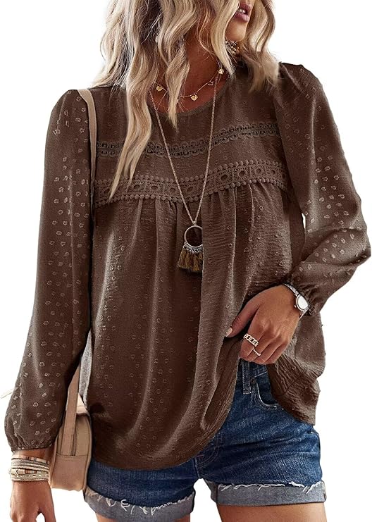 Boho Tops for Women Long Sleeve Shirts Crewneck Flowy Blouses Lace Hem Clothing