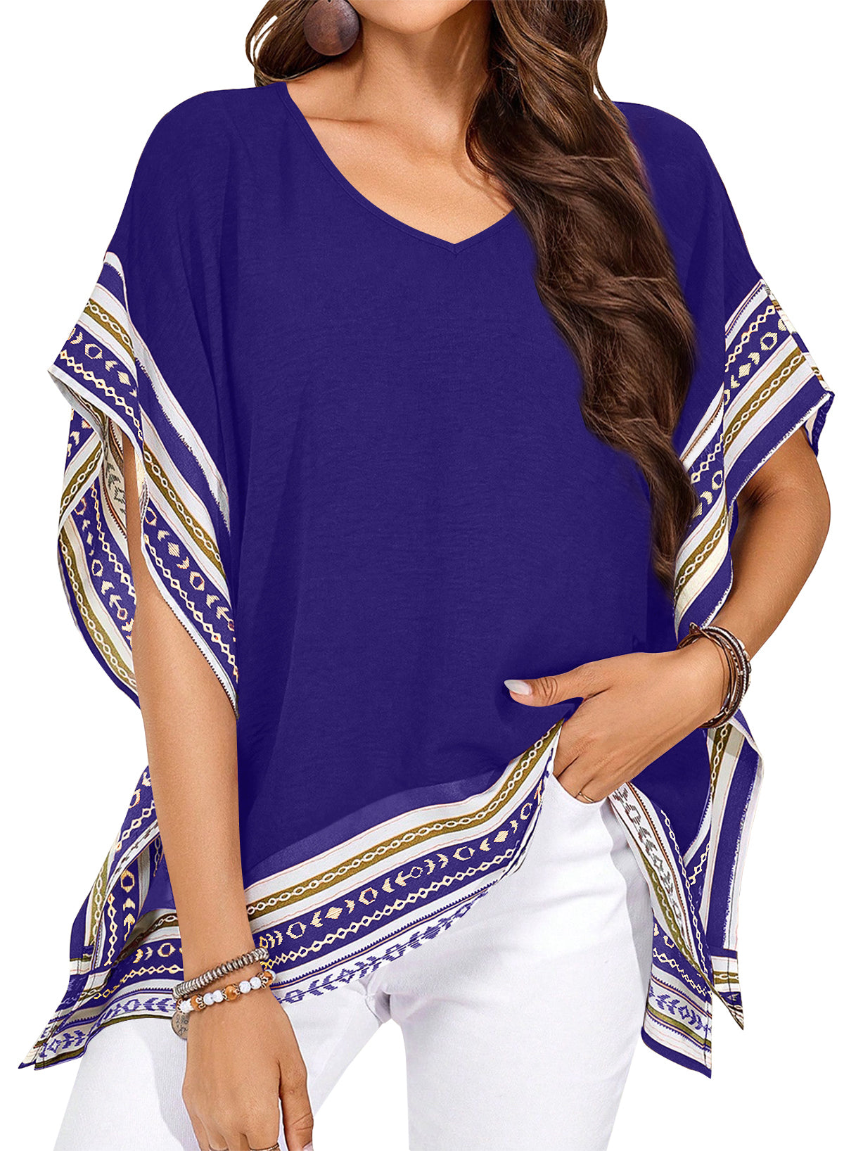 Women's Casual V Neck Floral Tops Batwing Sleeve Blouse Loose Fitting Shirts