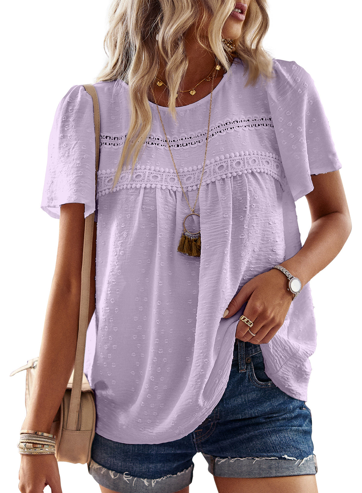 Womens Summer Tops Crewneck Short Sleeve Shirts Flowy Lace Hem Casual Chiffon Blouses