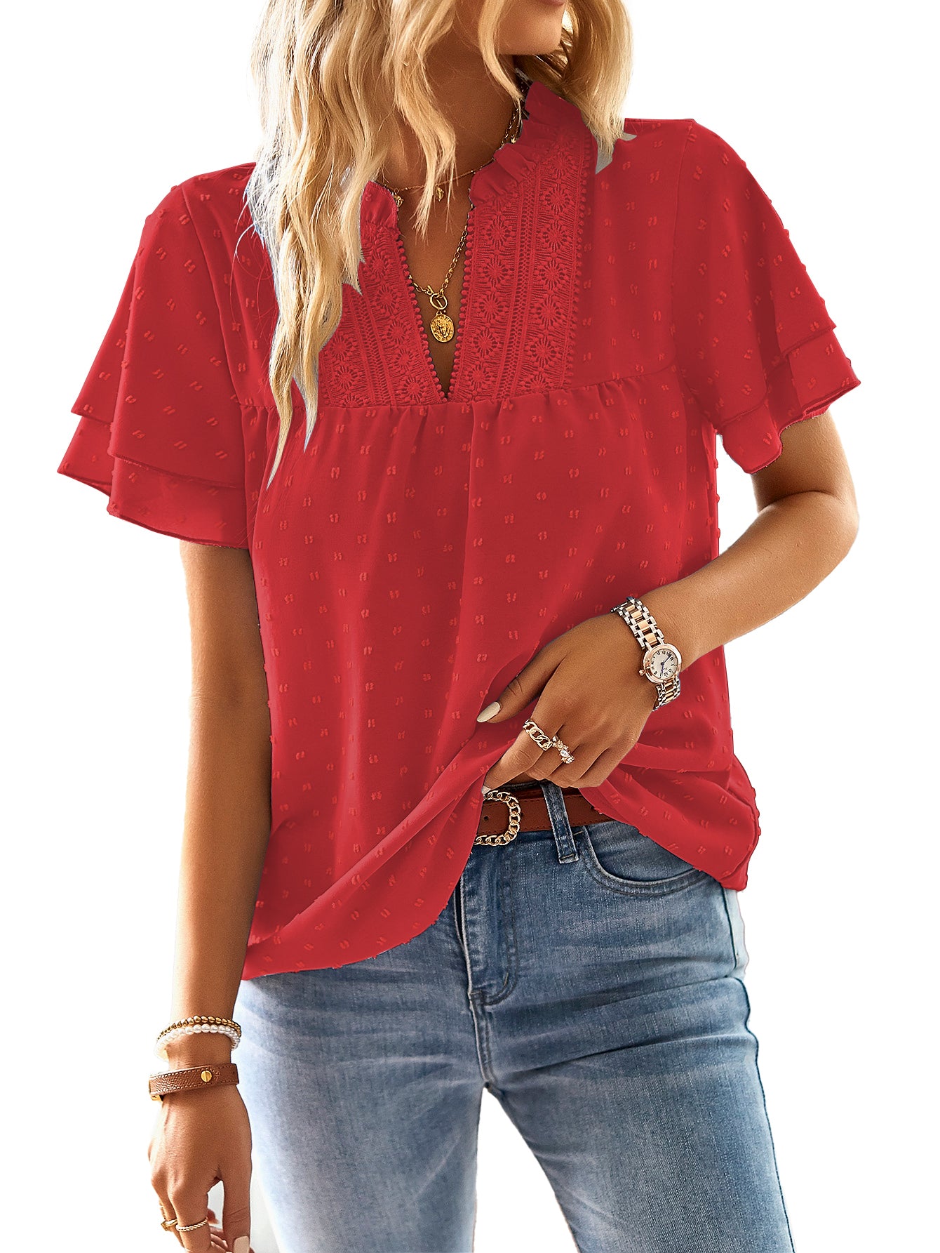 Womens Tops Butterfly Sleeve V Neck Blouses Swiss Dot Flowy Ruffle Short Sleeve Shirts