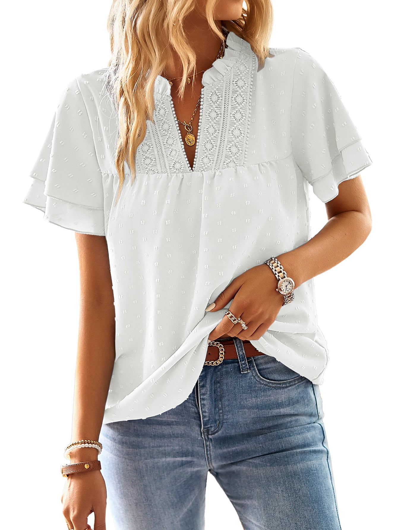 Womens Tops Butterfly Sleeve V Neck Blouses Swiss Dot Flowy Ruffle Short Sleeve Shirts