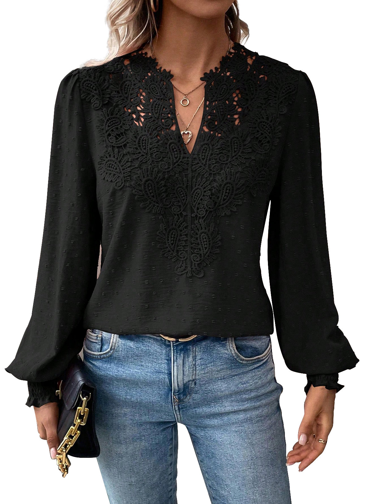 Womens Tops Swiss Dot Boho Long Sleeve Shirts V Neck Casual Chiffon Blouses