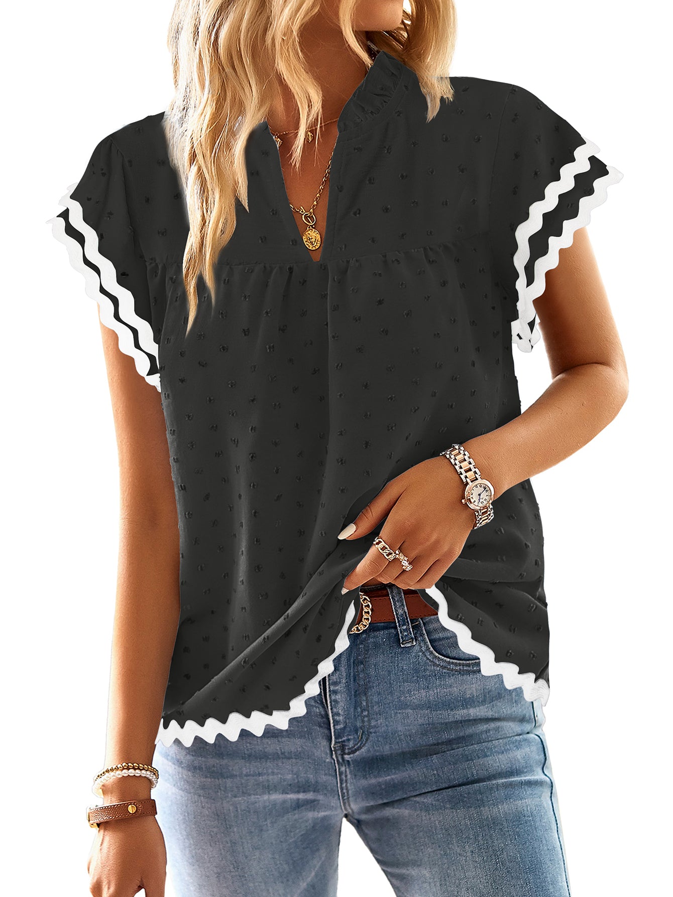 Womens Tops Summer Short Ruffle Sleeve V Neck Blouses Cute Boho Swiss Dot Lace Shirts