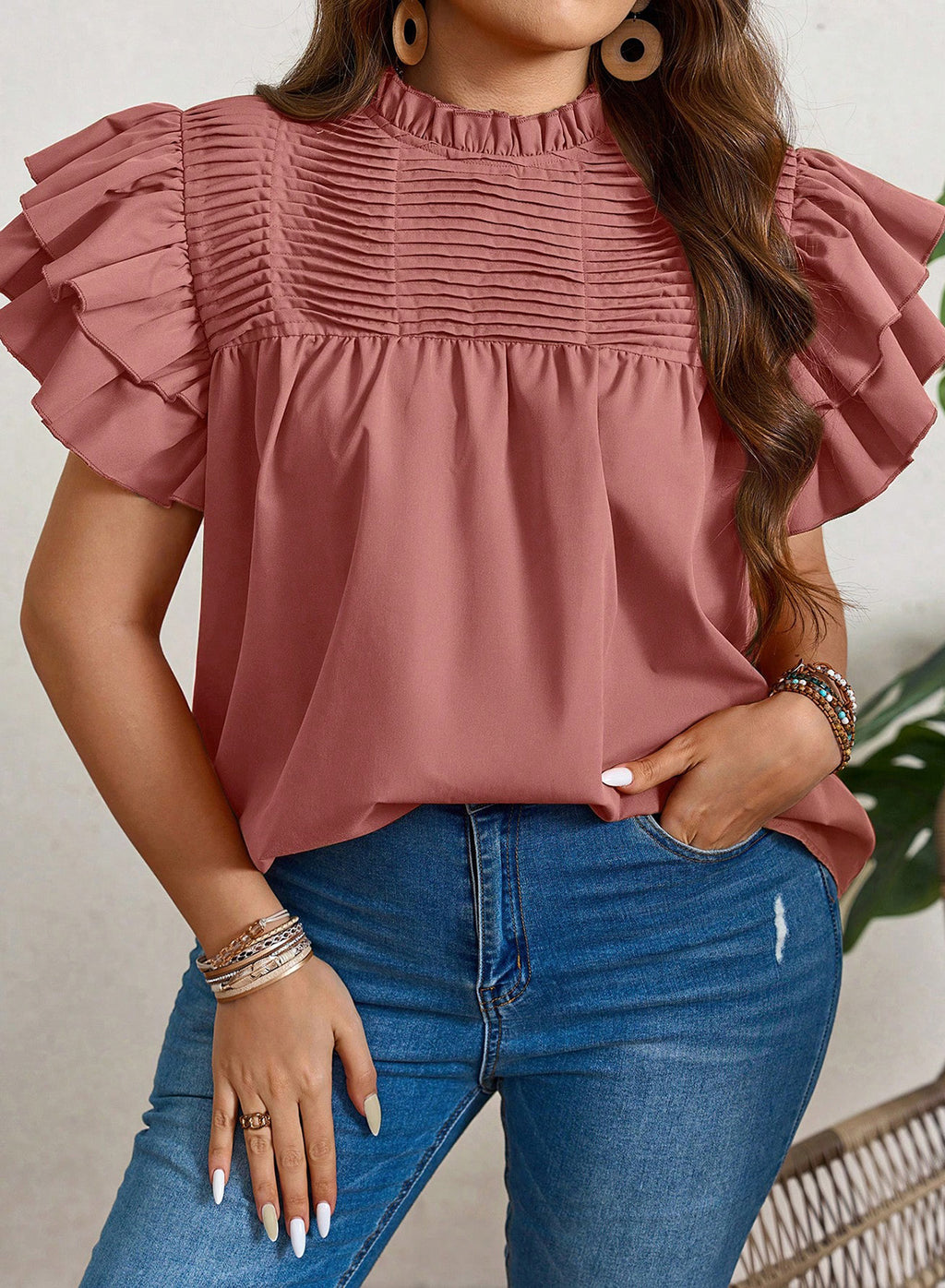 Womens Summer Tops Plus Size Ruffle Sleeve Blouses Dressy Casual Mock Neck