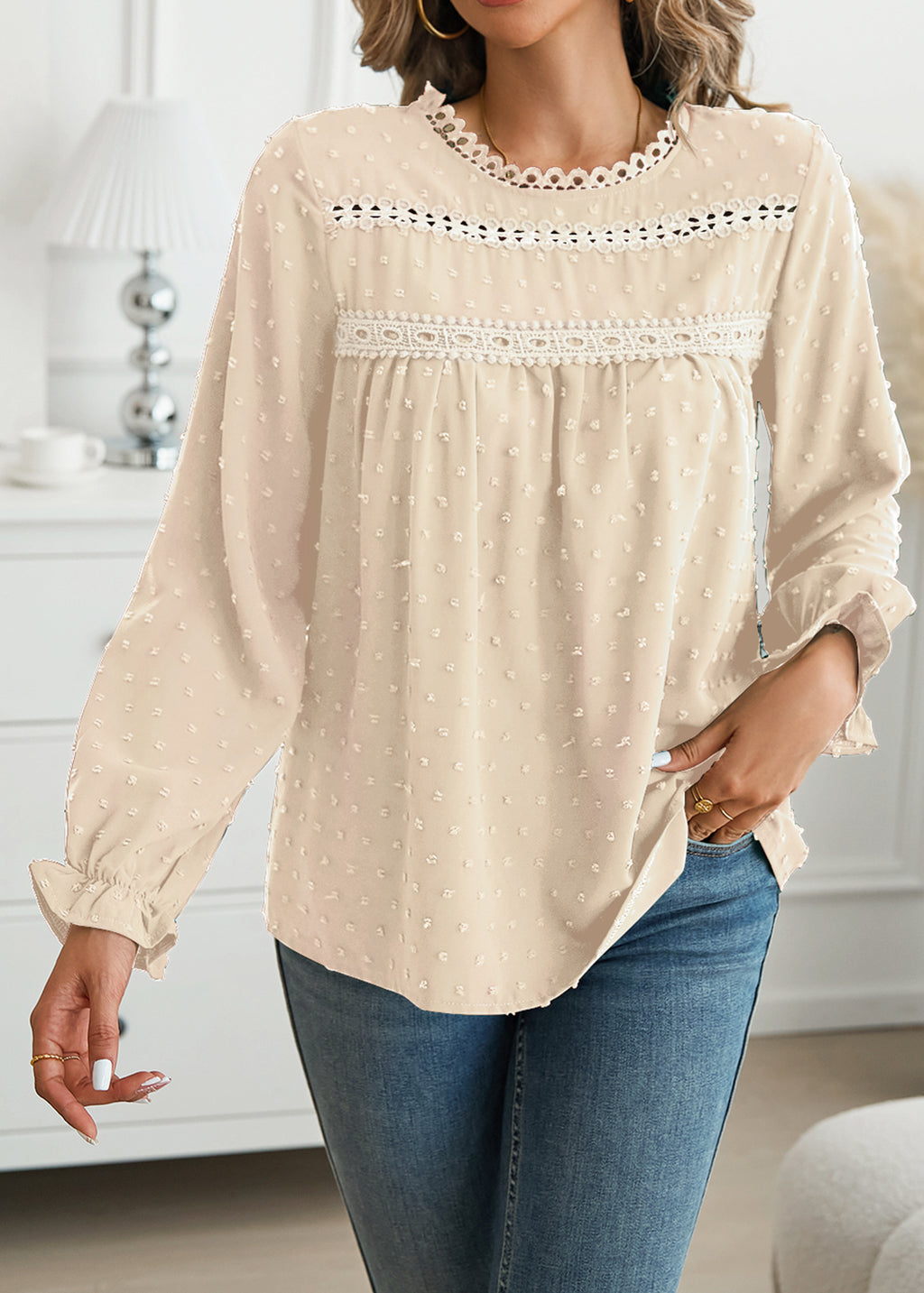 Womens Boho Tops Long Sleeve Shirts For Women Swiss Dot Cute Crewneck Blouse