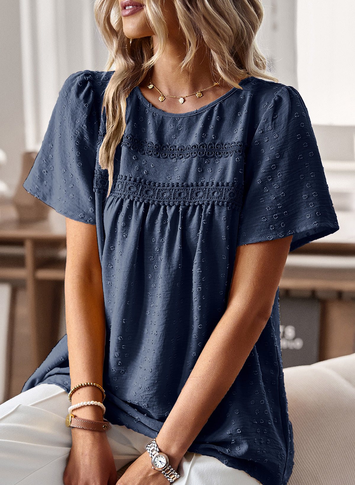 Womens Summer Tops Crewneck Short Sleeve Shirts Flowy Lace Hem Casual Chiffon Blouses