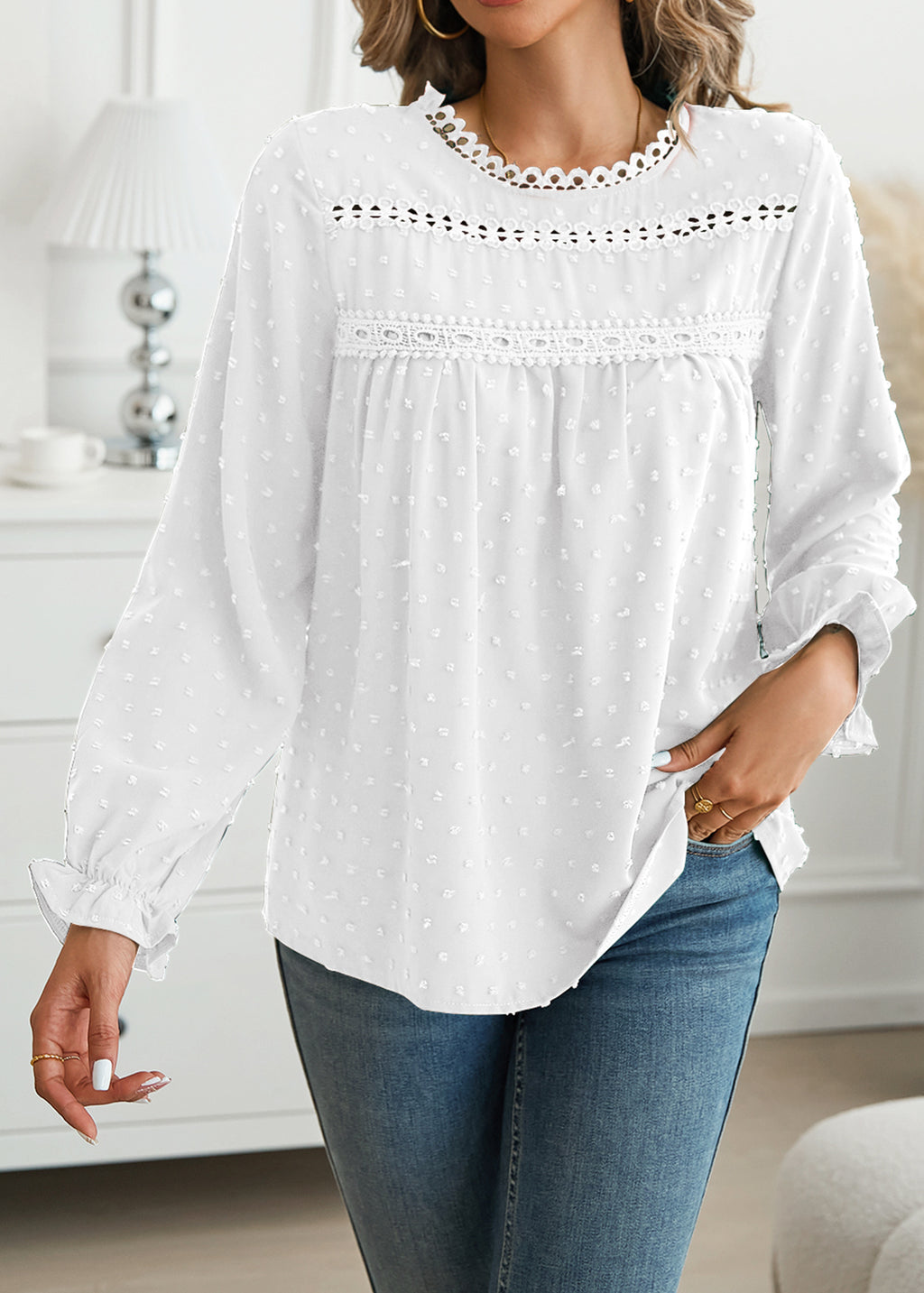 Womens Boho Tops Long Sleeve Shirts For Women Swiss Dot Cute Crewneck Blouse